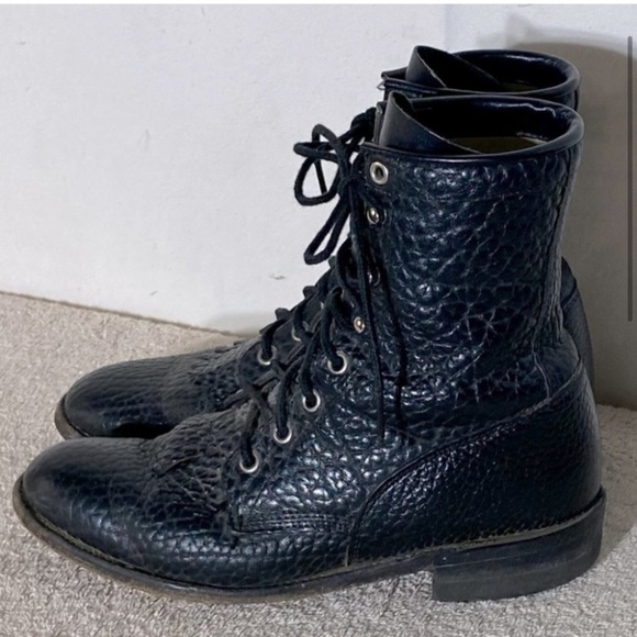 Vintage Justin Boots Black Pebbled Leather Lace Up Packer Boots 6 - Picture 3 of 13